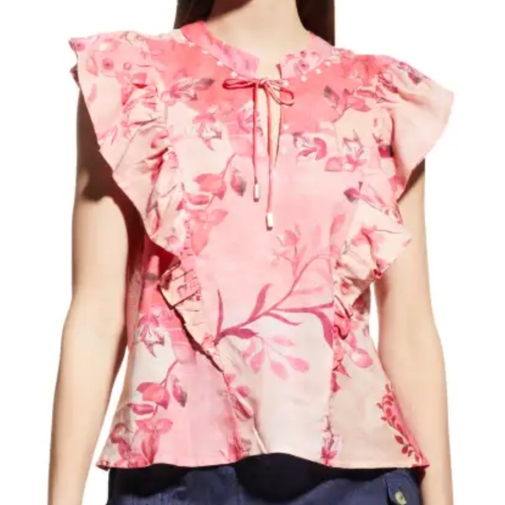 Neiman Marcus Chuffy Pink Ruffled Peplum Blouse with Bib Collar Flutter